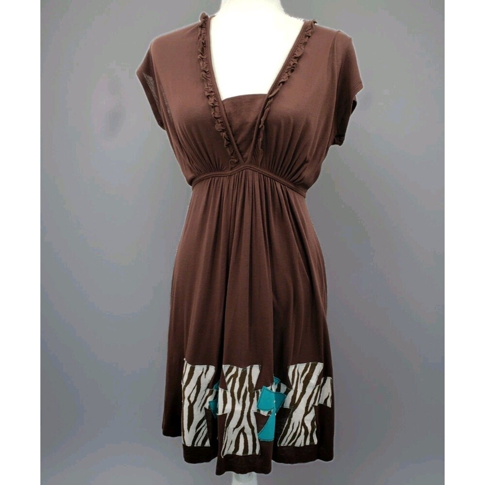 Vtg Y2K Babydoll Dress Juniors XL Brown Rock L.A Ruffle Cross Applique Waist Tie